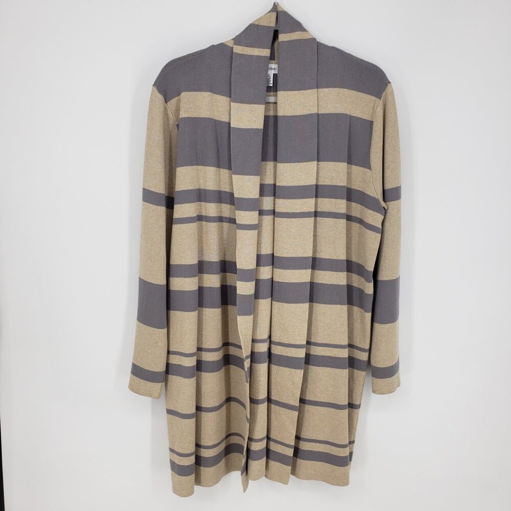 Calvin Klein Open Front Long Cardigan Sweater L Womens Striped Gray‎ Tan